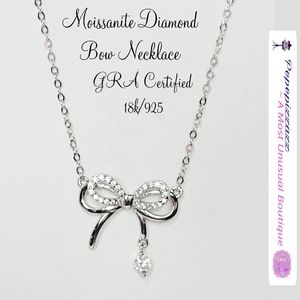 💎CERTIFIED MOISSONITE Diamond Inlay Bow Necklace 18kg/925 sterling silver GRA